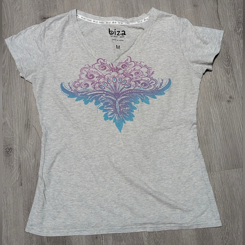 Women's Heather Gray V-Neck Tee with Purple & Blue Medallion